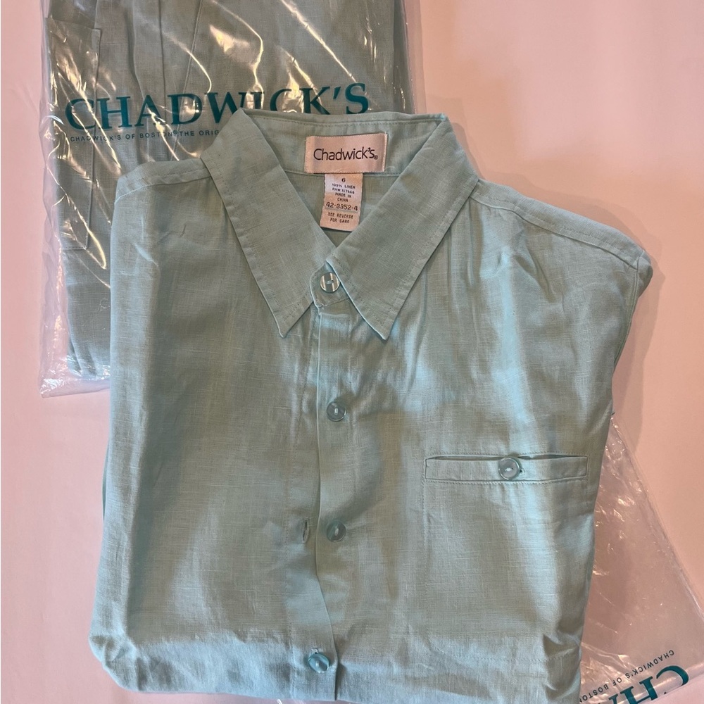 NWT Chadwick’s Misses Summer 2 Piece Set long sleeve aqua blue 100% linen size 6